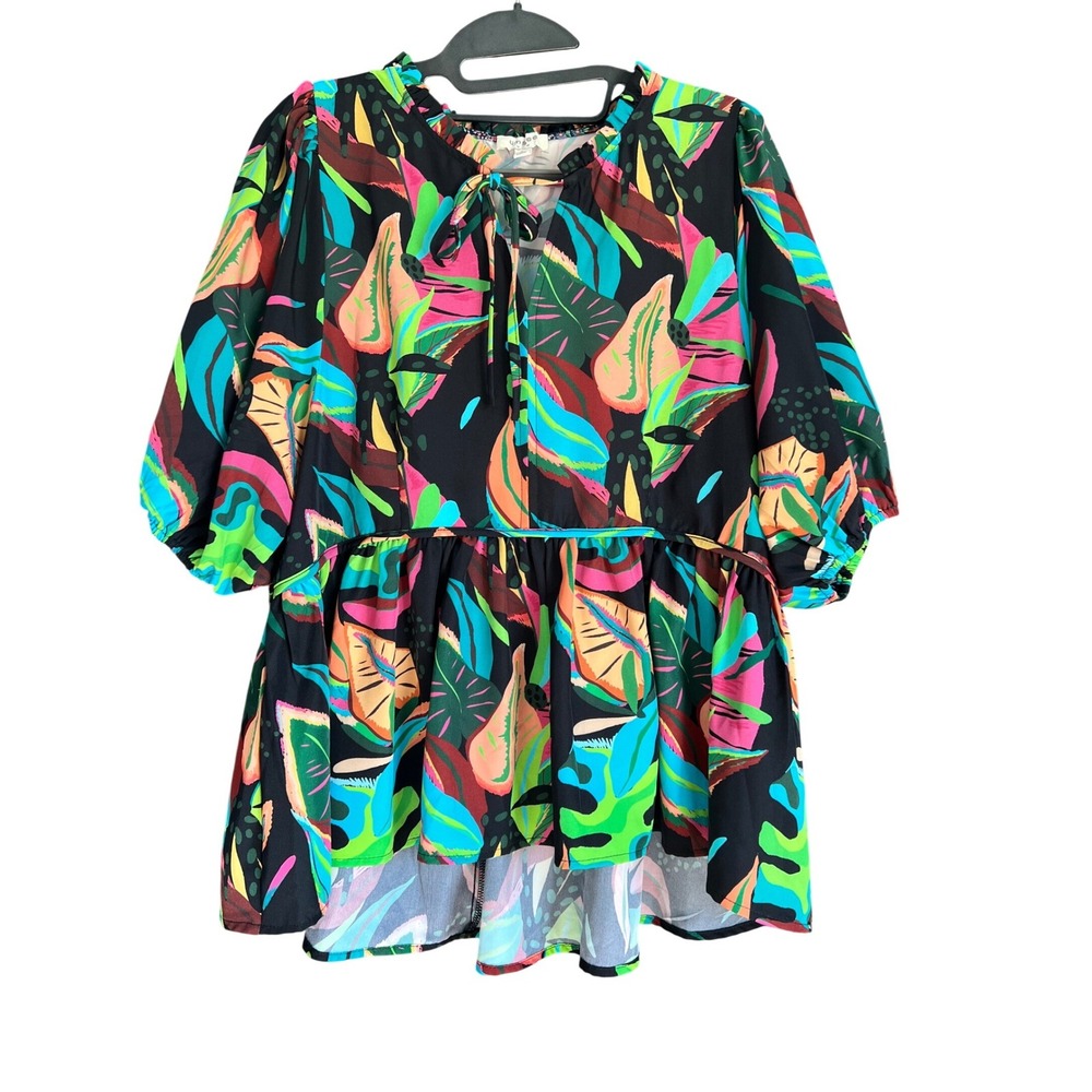 Umgee USA Tropical Neon Leaf Print Babydoll Top Puff Sleeve Black Small